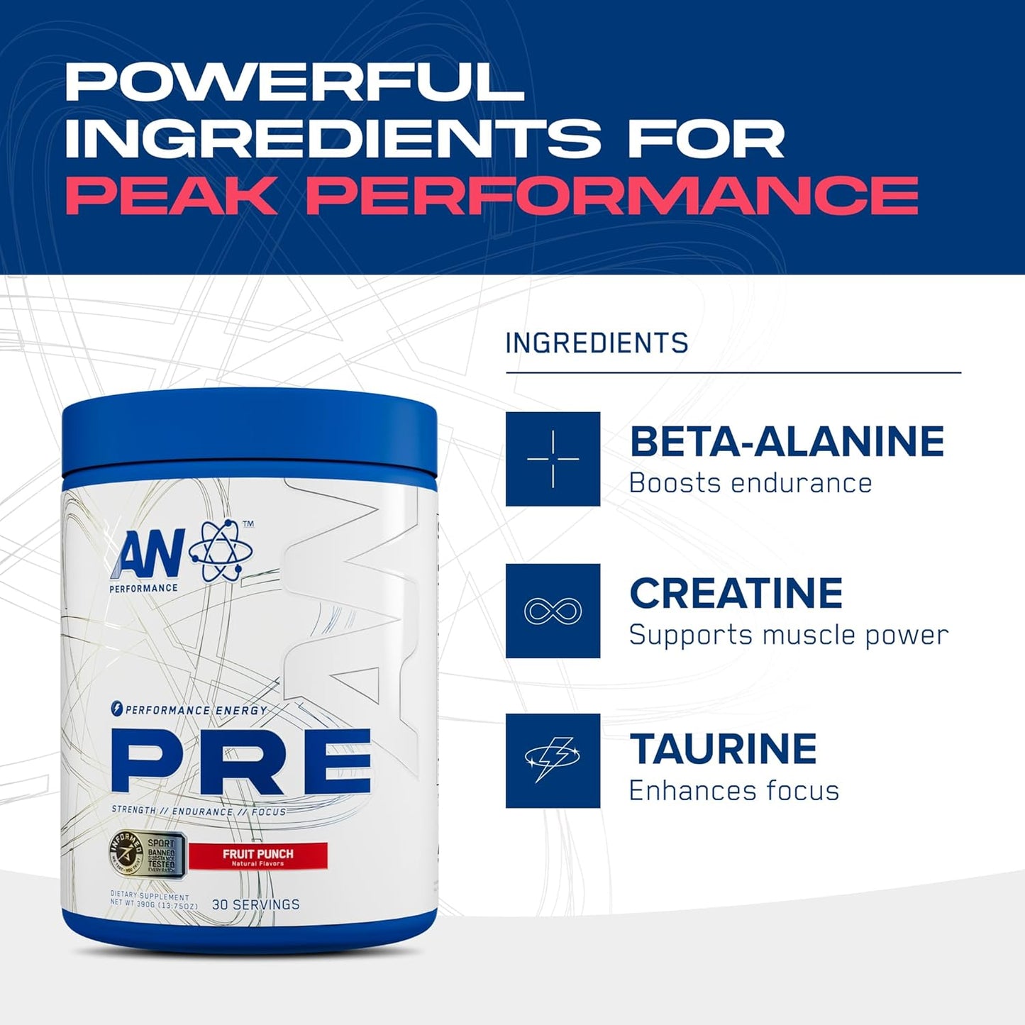 ABE All Black Everything AN Performance Pre-Workout Powder Supplement - Energy Drink Mix with 300mg Caffeine, Beta Alanine, Citrulline - Fruit Punch Flavor - 30 Servings - Third-Party Tested for Men & Women