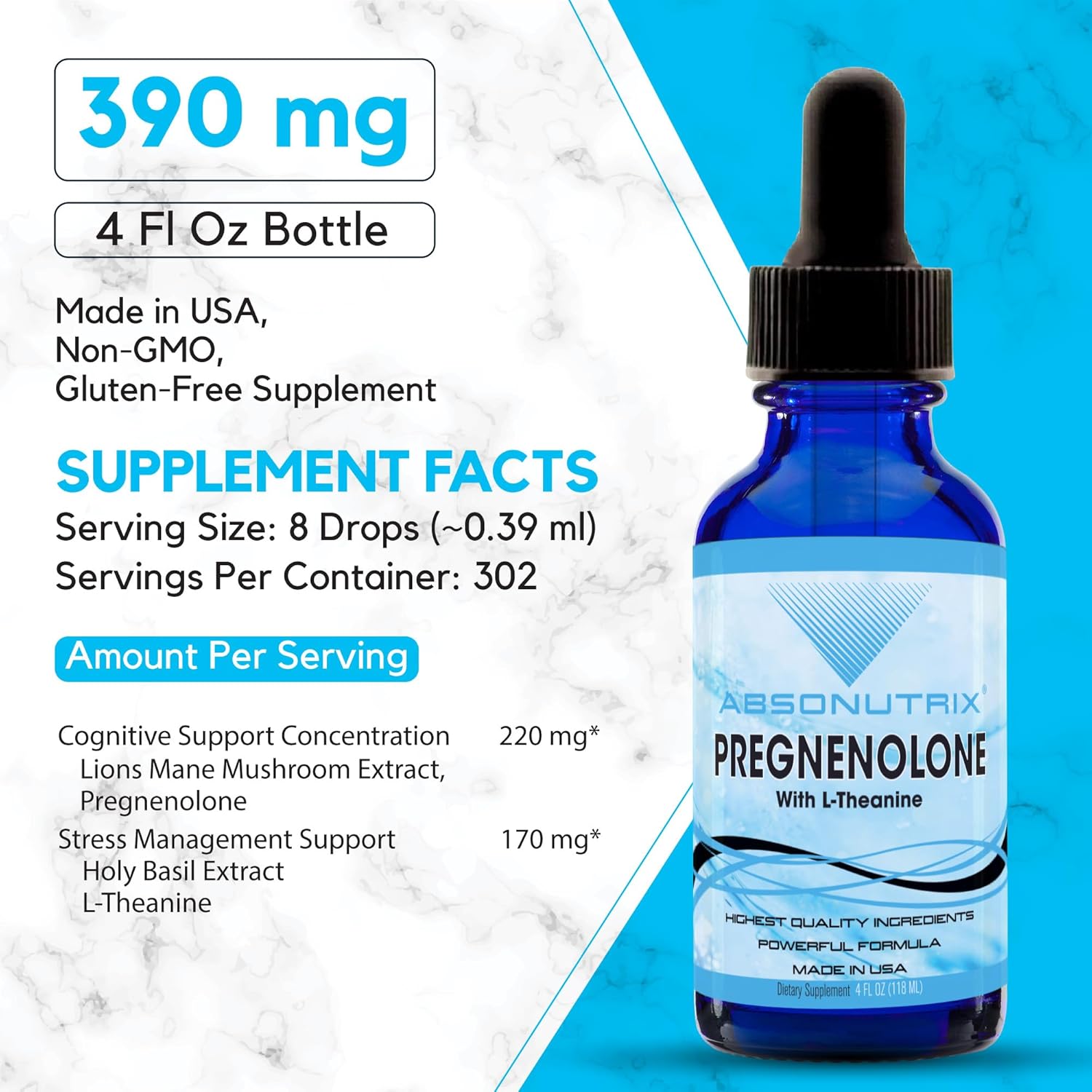 Absonutrix Pregnenolone with L-Theanine Liquid - 390mg, 4oz, 302 Servings - USA Made, Fast Absorption, Non-GMO, GMP Certified