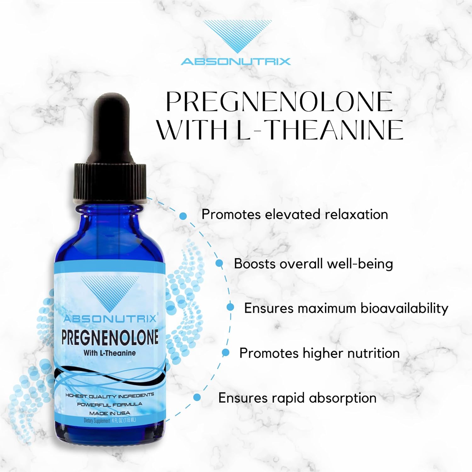 Absonutrix Pregnenolone with L-Theanine Liquid - 390mg, 4oz, 302 Servings - USA Made, Fast Absorption, Non-GMO, GMP Certified