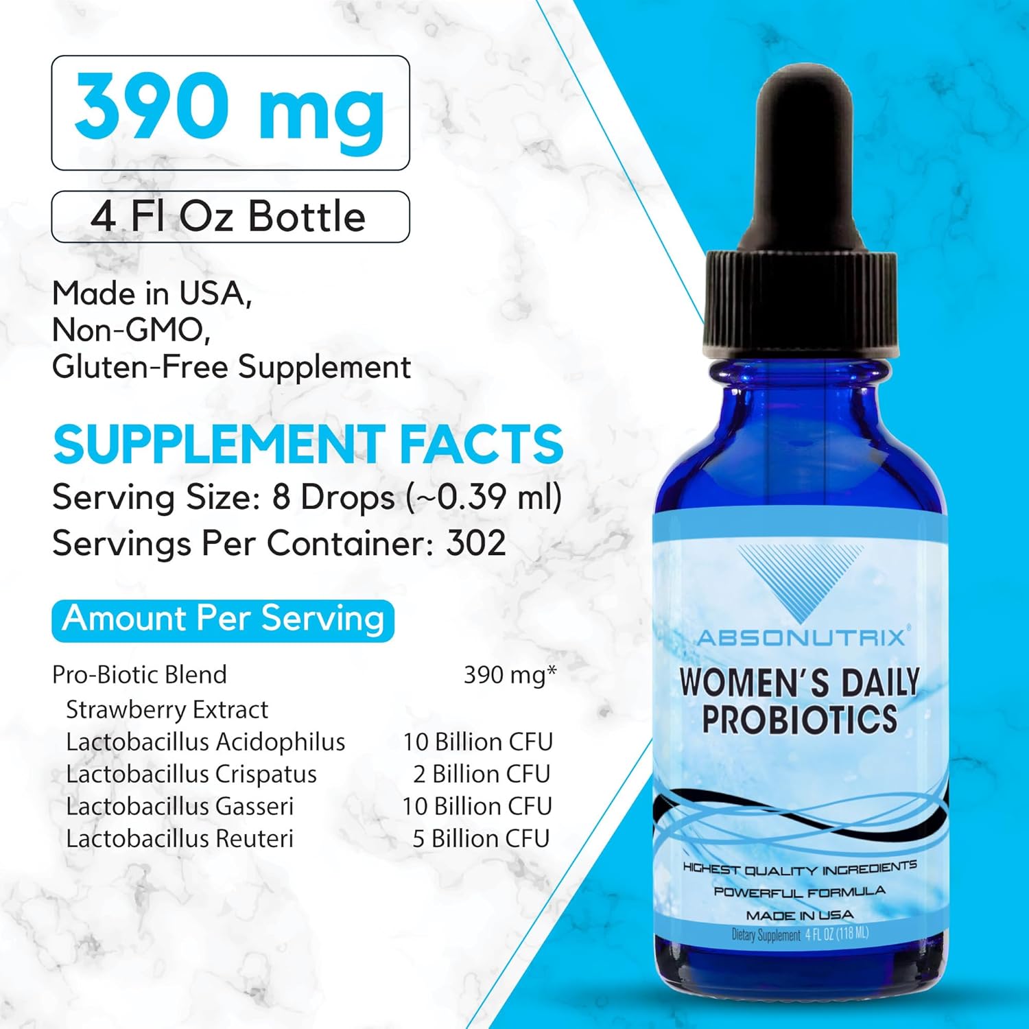 Absonutrix Women's Daily Probiotics Liquid Supplement - 390mg, 4oz, 302 Servings - Made in USA, Quick Absorption, Quality Ingredients - Non-GMO, GMP Certified, Cruelty-Free