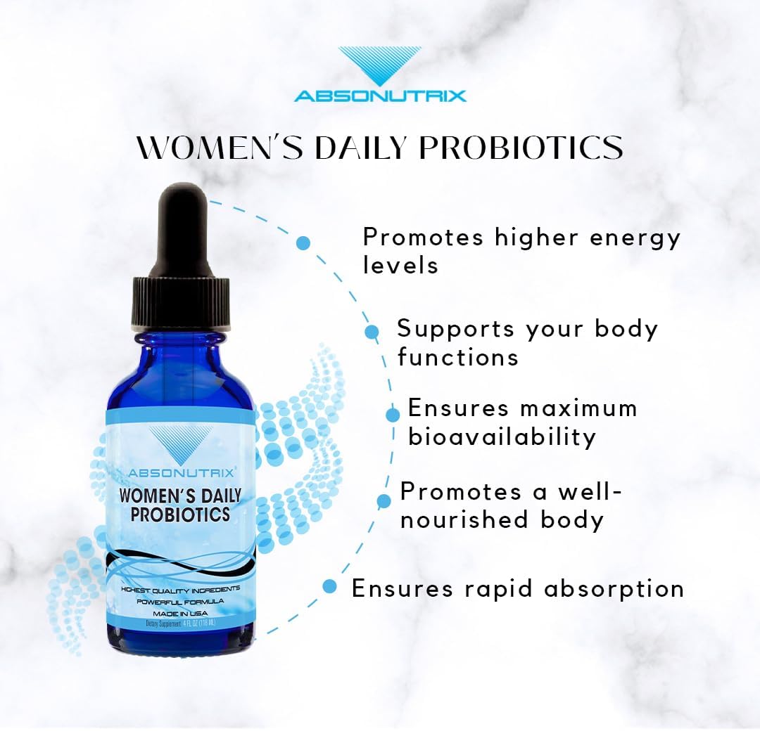 Absonutrix Women's Daily Probiotics Liquid Supplement - 390mg, 4oz, 302 Servings - Made in USA, Quick Absorption, Quality Ingredients - Non-GMO, GMP Certified, Cruelty-Free