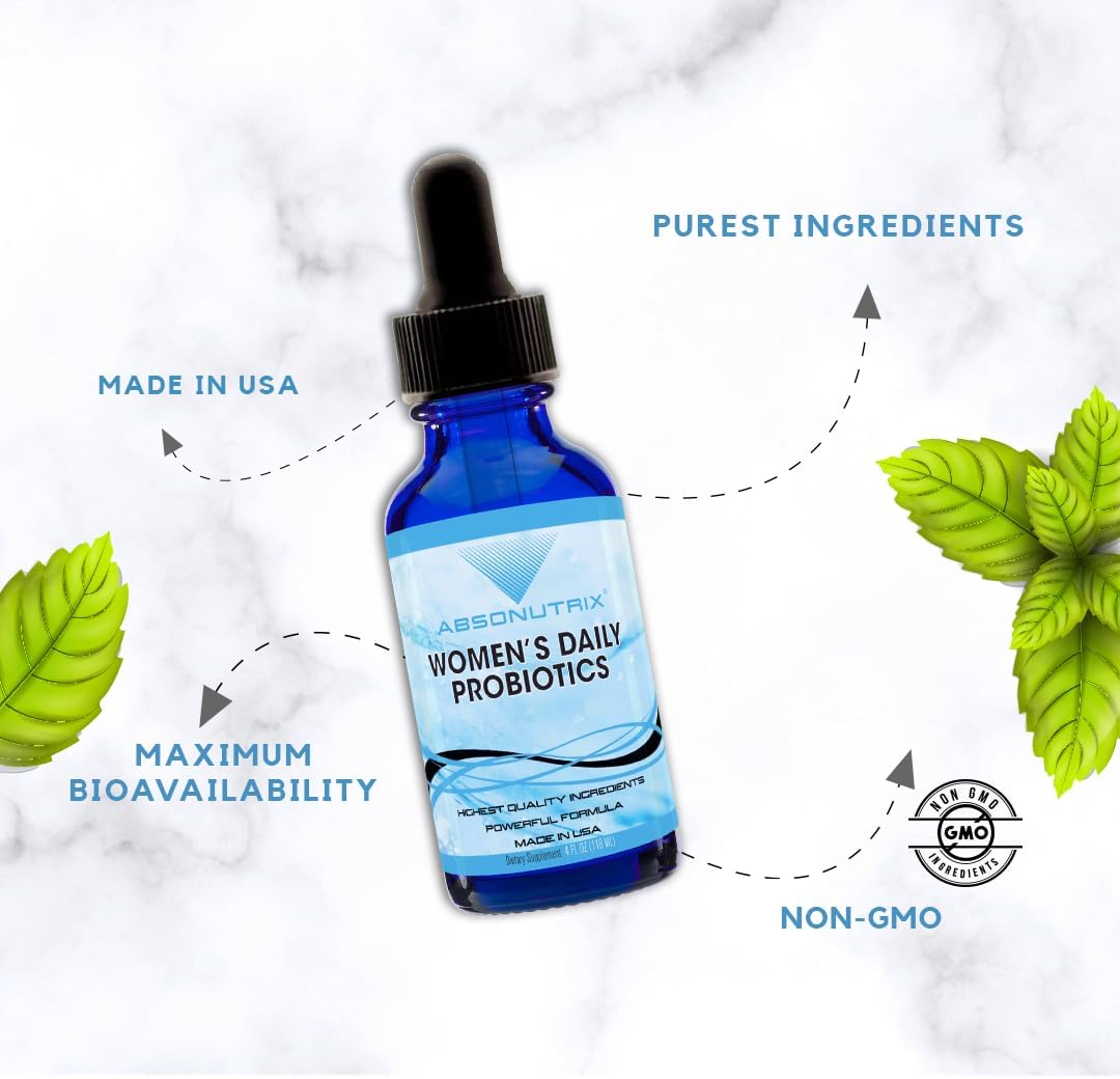 Absonutrix Women's Daily Probiotics Liquid Supplement - 390mg, 4oz, 302 Servings - Made in USA, Quick Absorption, Quality Ingredients - Non-GMO, GMP Certified, Cruelty-Free