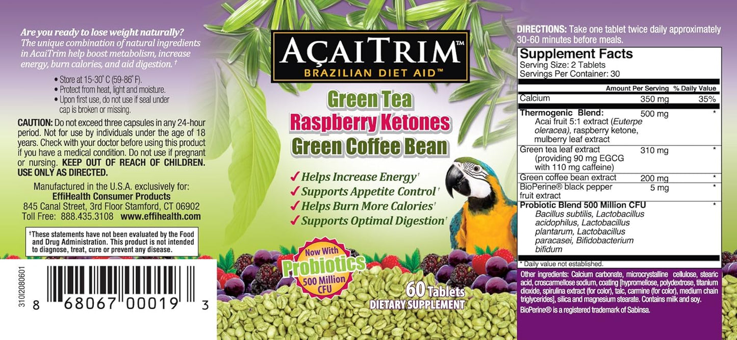 AcaiTrim Weight Loss Supplement with Green Tea, Coffee Bean, Raspberry Ketones, Acai, Probiotics - 60 Capsules for Metabolism & Energy
