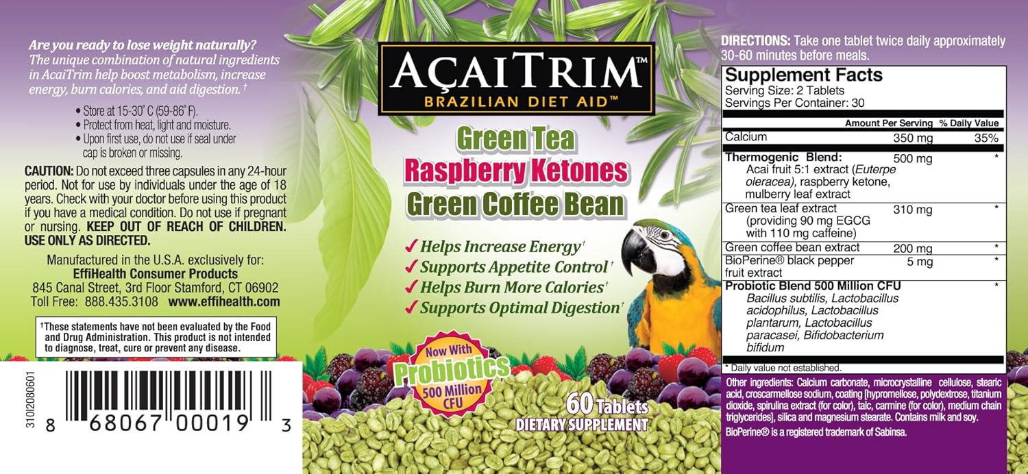 AcaiTrim Weight Loss Supplement with Green Tea, Coffee Bean, Raspberry Ketones, Acai, Probiotics - 60 Capsules for Metabolism & Energy