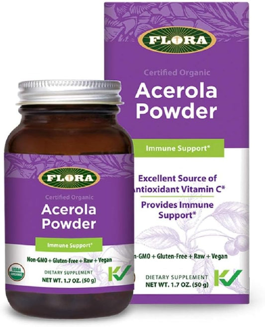 Acerola Powder: Daily Immune Booster with Vitamin C, Gluten Free & Vegan Antioxidant Powder in 1.7-oz Glass Bottle