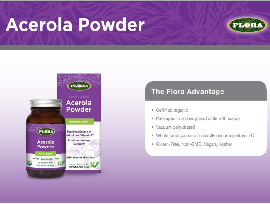 Acerola Powder: Daily Immune Booster with Vitamin C, Gluten Free & Vegan Antioxidant Powder in 1.7-oz Glass Bottle