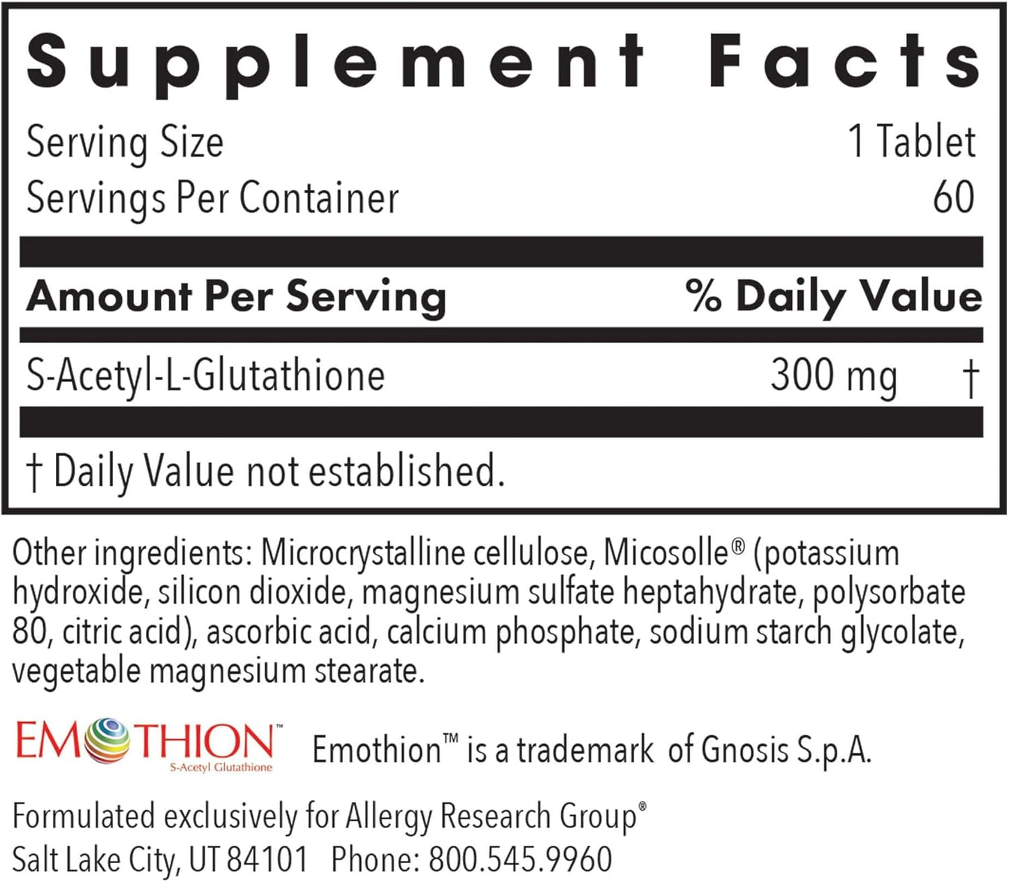 Acetyl-Glutathione by Allergy Research Group - High Absorption Oral Glutathione for Immune Support - 300mg, 60 Capsules