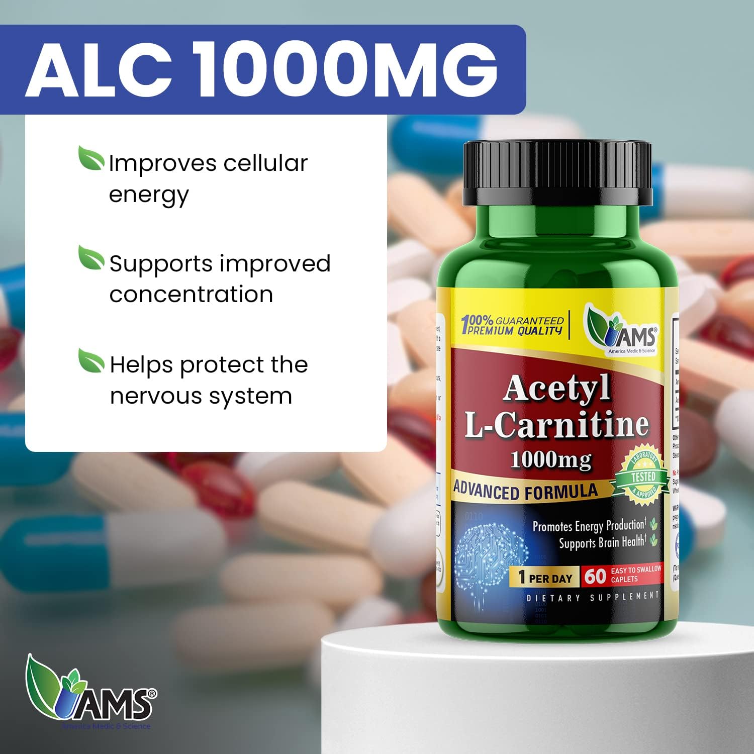 Acetyl L-Carnitine 1000mg Dietary Supplement Tablets for Energy, Brain Health, Memory, and Focus - 60 Count
