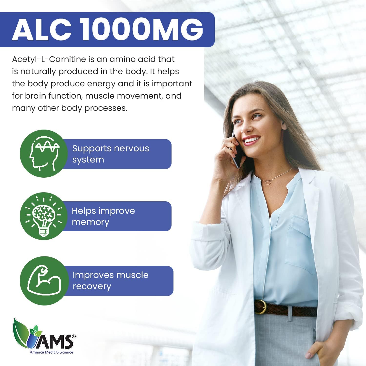 Acetyl L-Carnitine 1000mg Dietary Supplement Tablets for Energy, Brain Health, Memory, and Focus - 60 Count