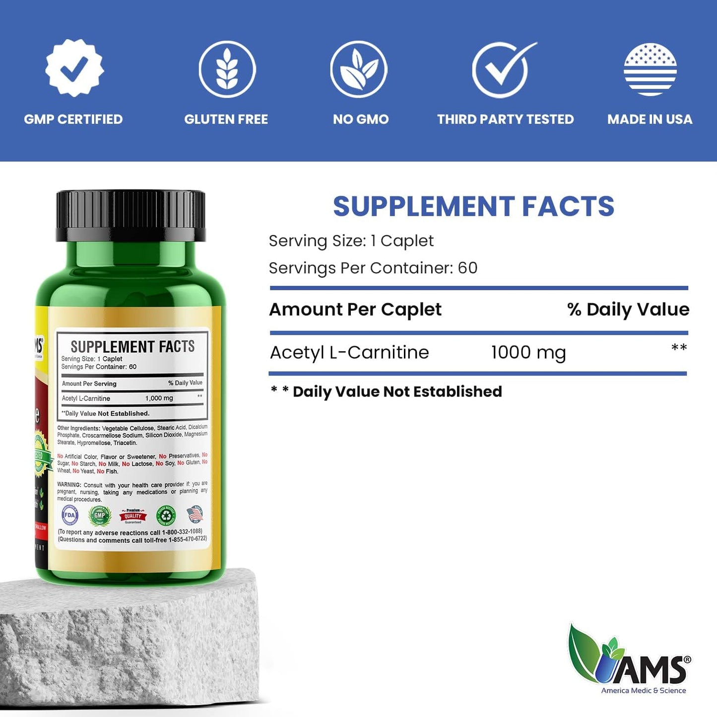 Acetyl L-Carnitine 1000mg Dietary Supplement Tablets for Energy, Brain Health, Memory, and Focus - 60 Count