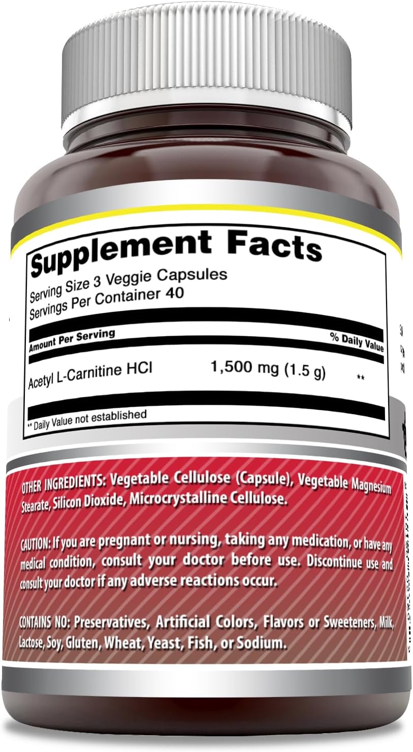 Acetyl L-Carnitine 1500mg Veggie Capsules Supplement, Non-GMO, Gluten-Free, Made in USA, Vegetarian-Friendly (360 Count)