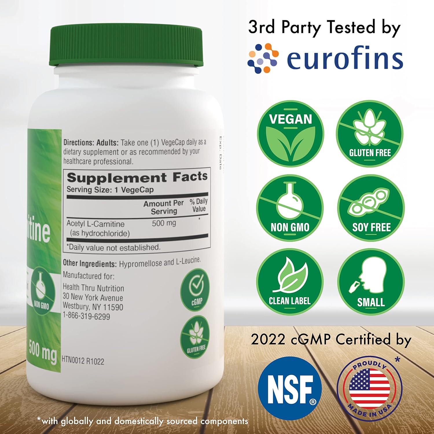 Acetyl L-Carnitine 500mg Capsules - Cognitive Support for Memory & Attention - Non-GMO, 3rd Party Tested - Hypoallergenic & Vegan Formula