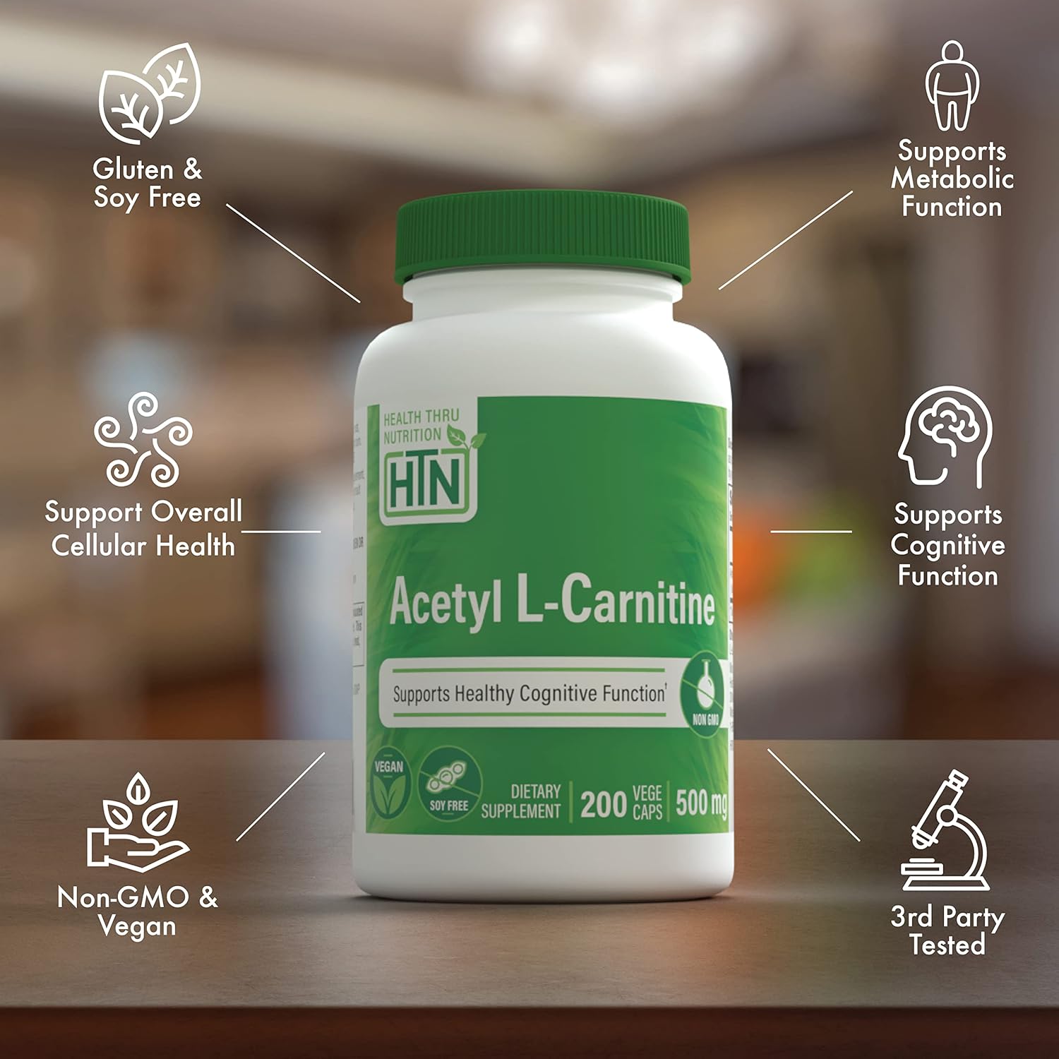 Acetyl L-Carnitine 500mg Capsules - Cognitive Support for Memory & Attention - Non-GMO, 3rd Party Tested - Hypoallergenic & Vegan Formula