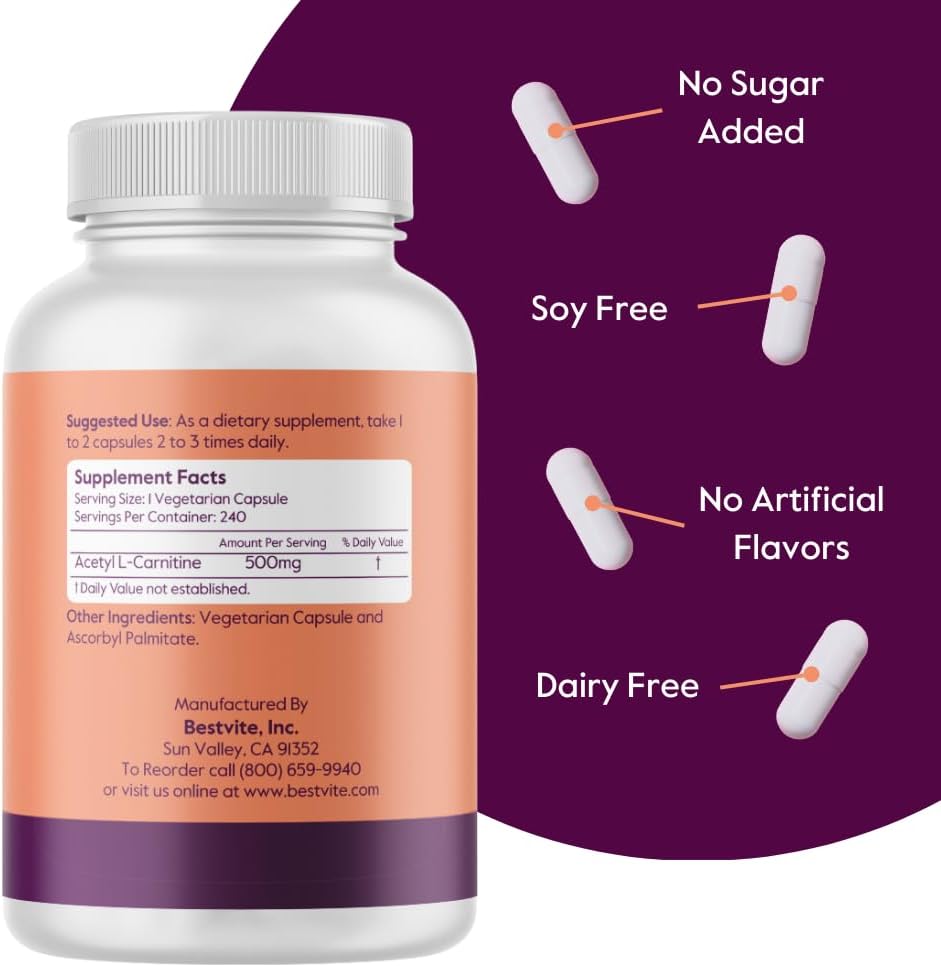 Acetyl L-Carnitine 500mg Capsules (240 Count) - Vegan, Non-GMO, Gluten Free - No Stearates - Bestvite Brand