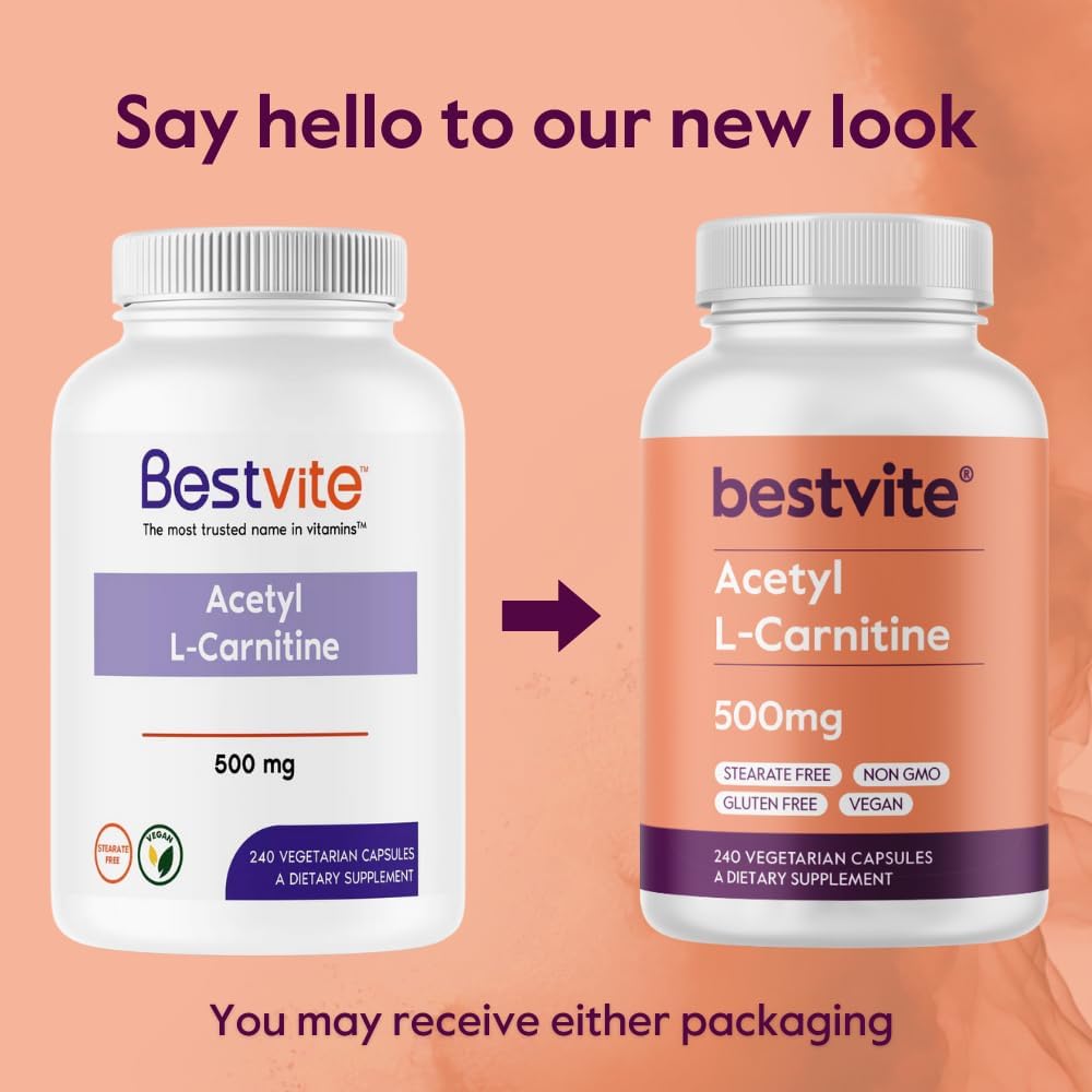 Acetyl L-Carnitine 500mg Capsules (240 Count) - Vegan, Non-GMO, Gluten Free - No Stearates - Bestvite Brand