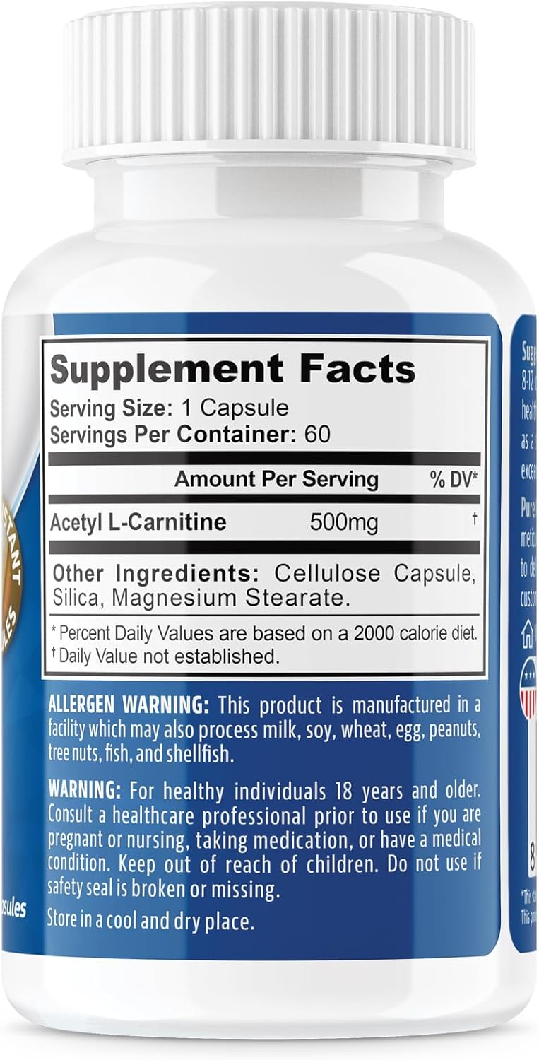 Acetyl L-Carnitine 500mg Capsules for NeuropAWAY - 60ct, Acid Resistant, Veggie Caps, Third Party Tested - Made in USA