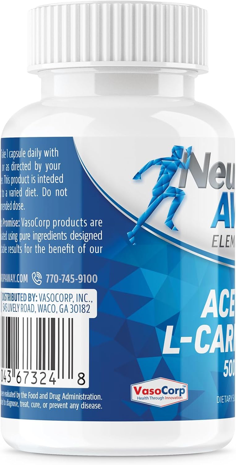 Acetyl L-Carnitine 500mg Capsules for NeuropAWAY - 60ct, Acid Resistant, Veggie Caps, Third Party Tested - Made in USA