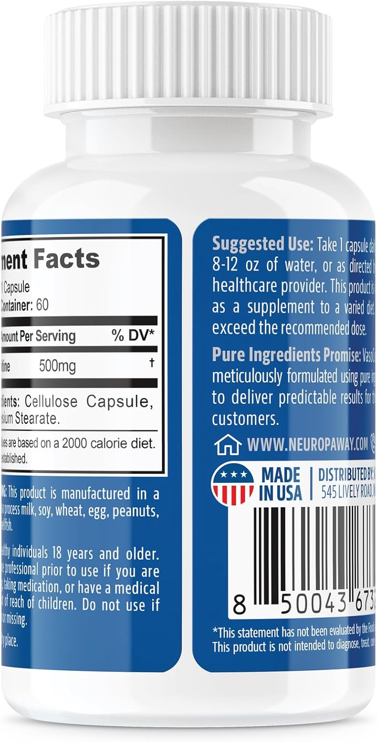Acetyl L-Carnitine 500mg Capsules for NeuropAWAY - 60ct, Acid Resistant, Veggie Caps, Third Party Tested - Made in USA