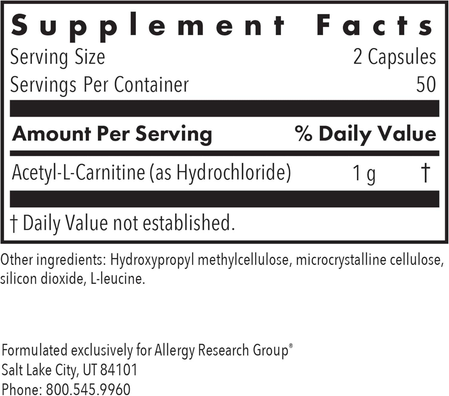 Acetyl-L-Carnitine 500mg Supplement for Metabolism and Energy Support - 100 Vegetarian Capsules