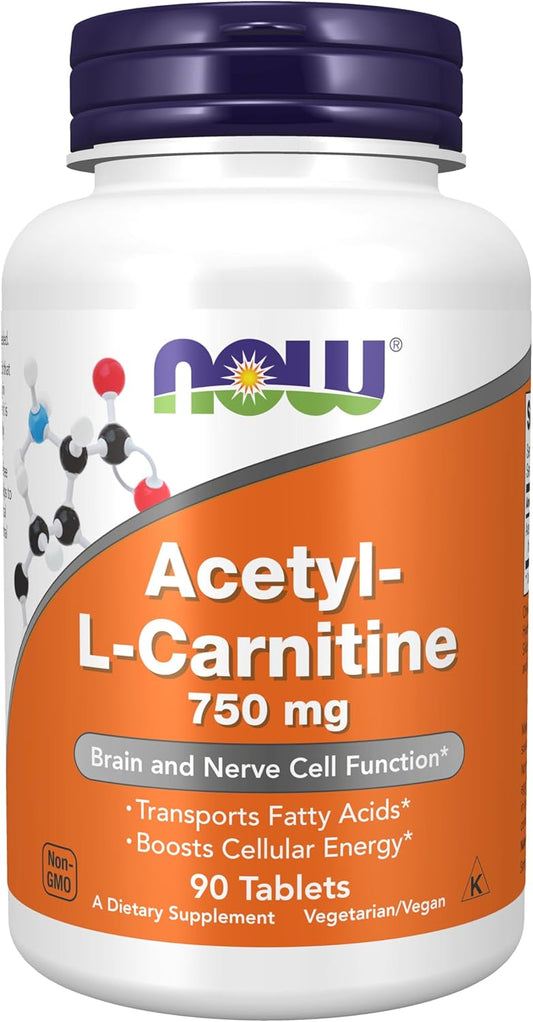 Acetyl-L-Carnitine 750 mg Supplements by NOW Foods - Supports Brain and Nerve Cell Function - 90 Tablets