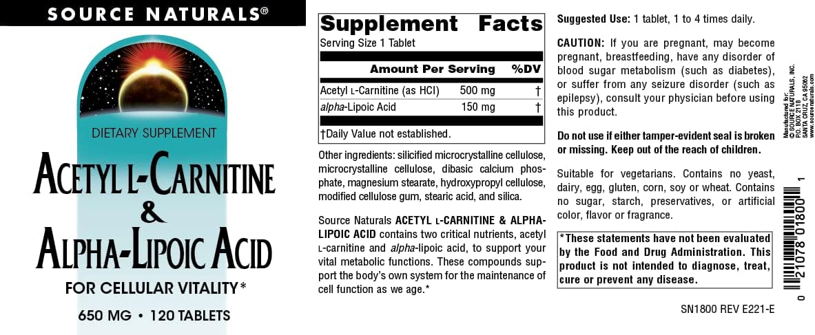 Acetyl L-Carnitine & Alpha-Lipoic Acid 650mg - 120 Tablets by Source Naturals for Enhanced Cognitive Function and Energy Production