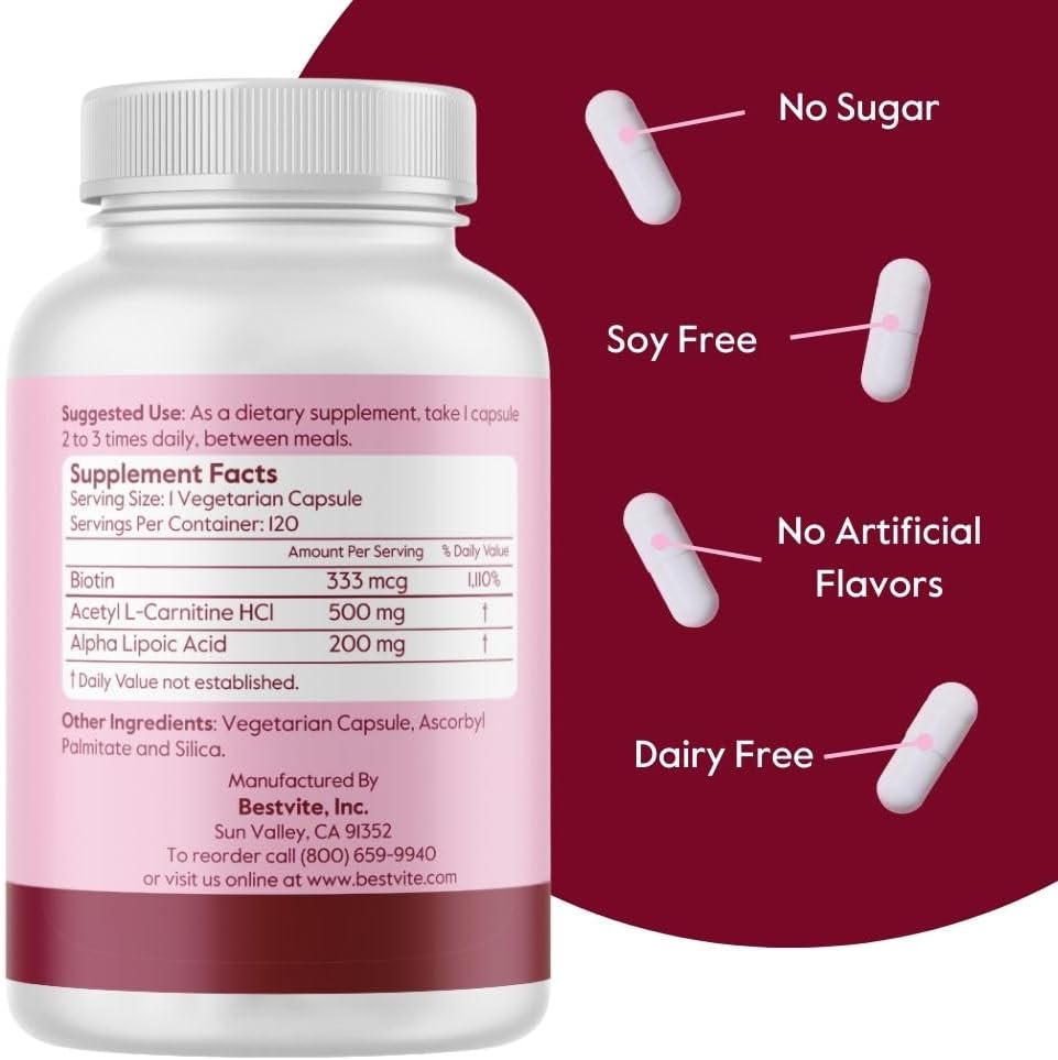 Acetyl L-Carnitine & Alpha Lipoic Acid Capsules with Biotin - 120 Vegetarian Capsules, Vegan, Non-GMO, Gluten Free - No Stearates