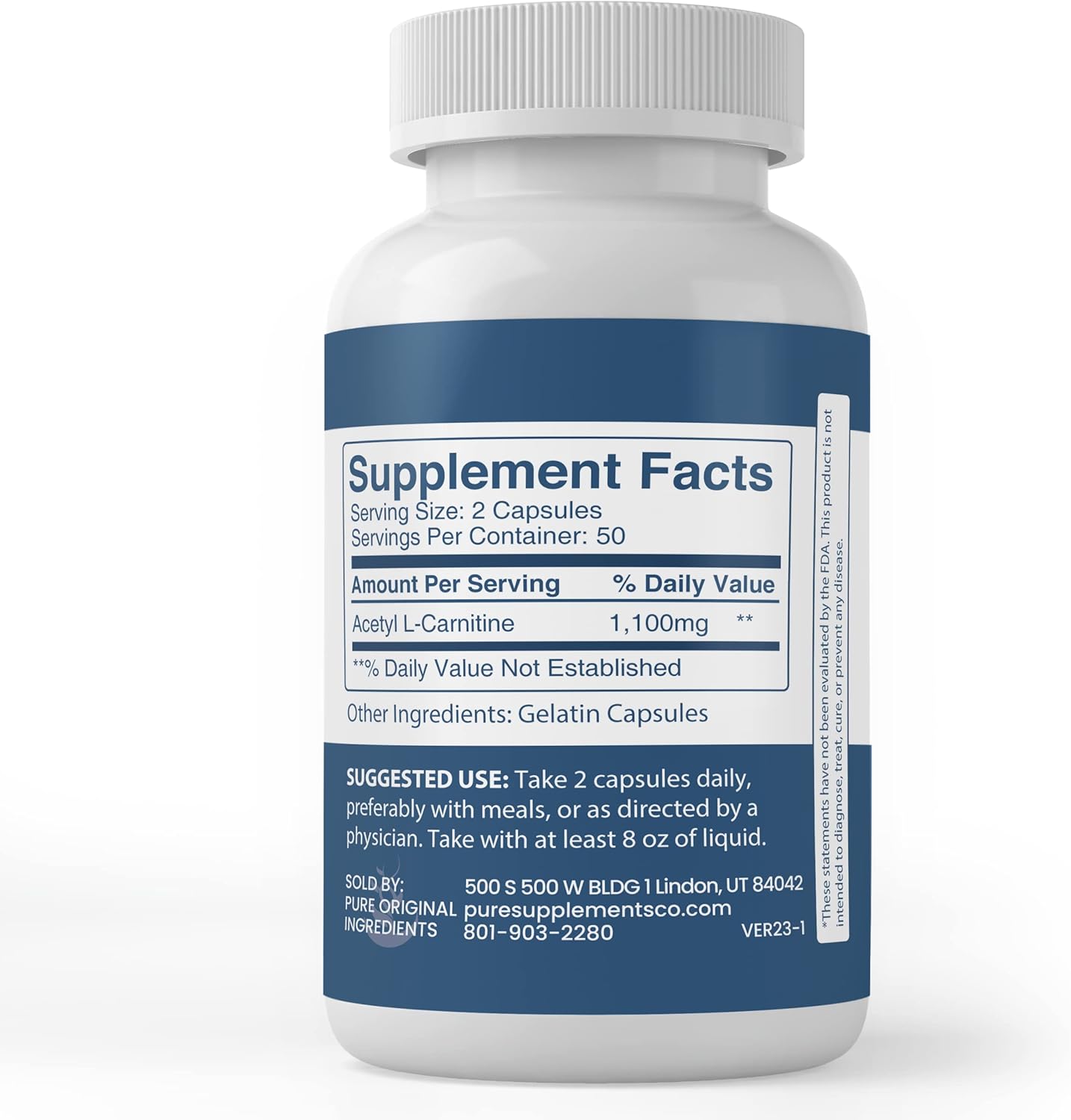 Acetyl L-Carnitine Capsules - Pure Ingredients, Lab Verified, No Additives (100 Count)