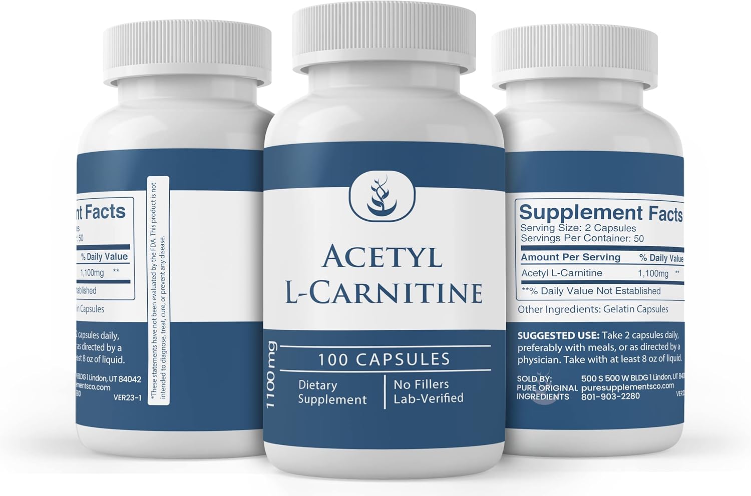 Acetyl L-Carnitine Capsules - Pure Ingredients, Lab Verified, No Additives (100 Count)