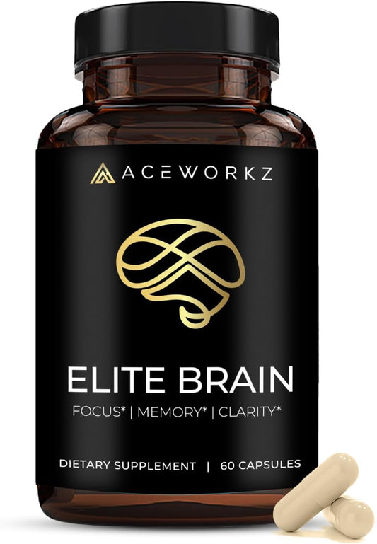 ACEWORKZ Elite Brain - Natural Nootropic Supplement for Focus, Memory, & Clarity - ALCAR, Lions Mane, ALA, L-Theanine, Vitamin B Complex - Caffeine-Free Energy Booster (60 Capsules)