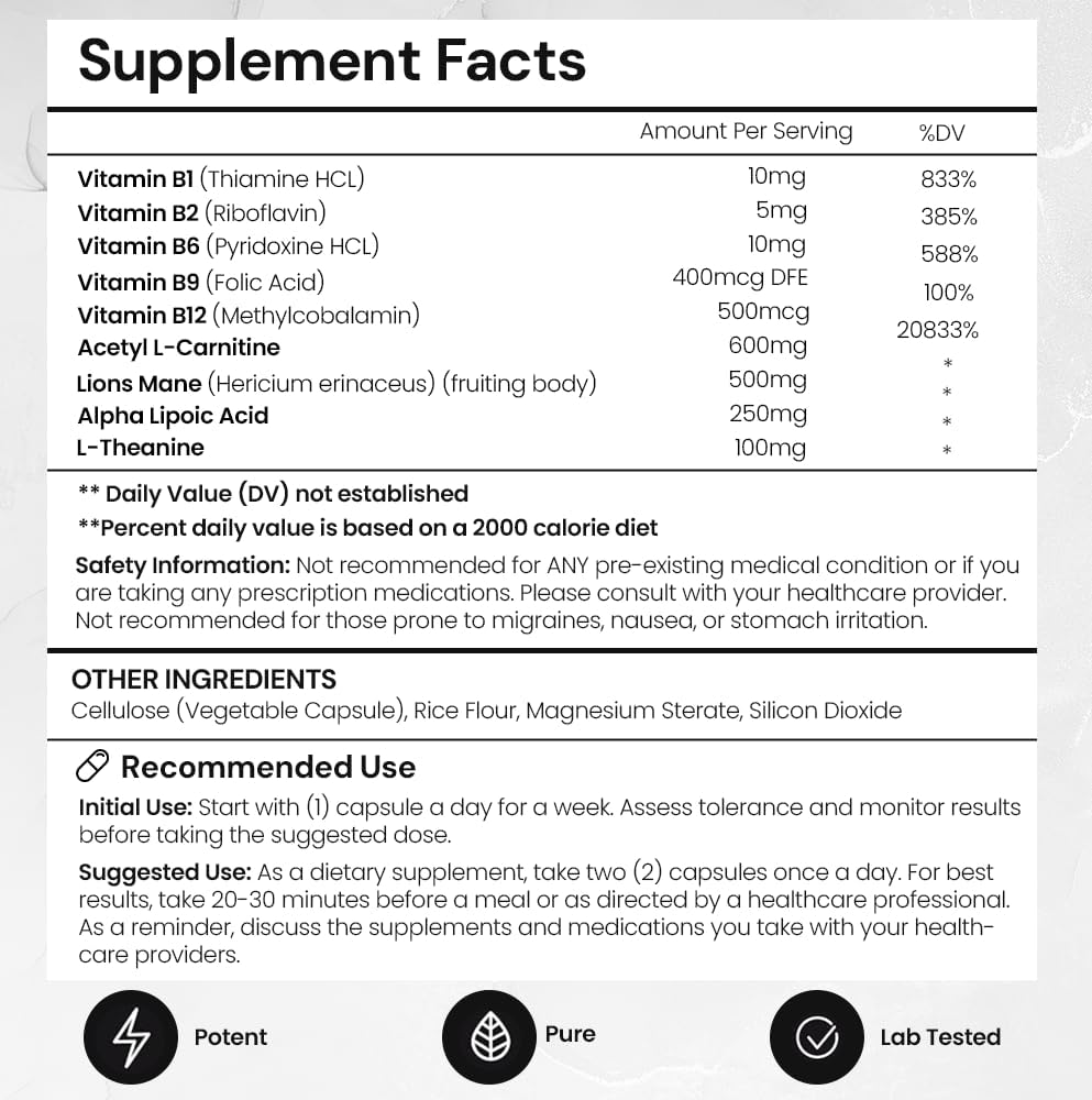 ACEWORKZ Elite Brain - Natural Nootropic Supplement for Focus, Memory, & Clarity - ALCAR, Lions Mane, ALA, L-Theanine, Vitamin B Complex - Caffeine-Free Energy Booster (60 Capsules)