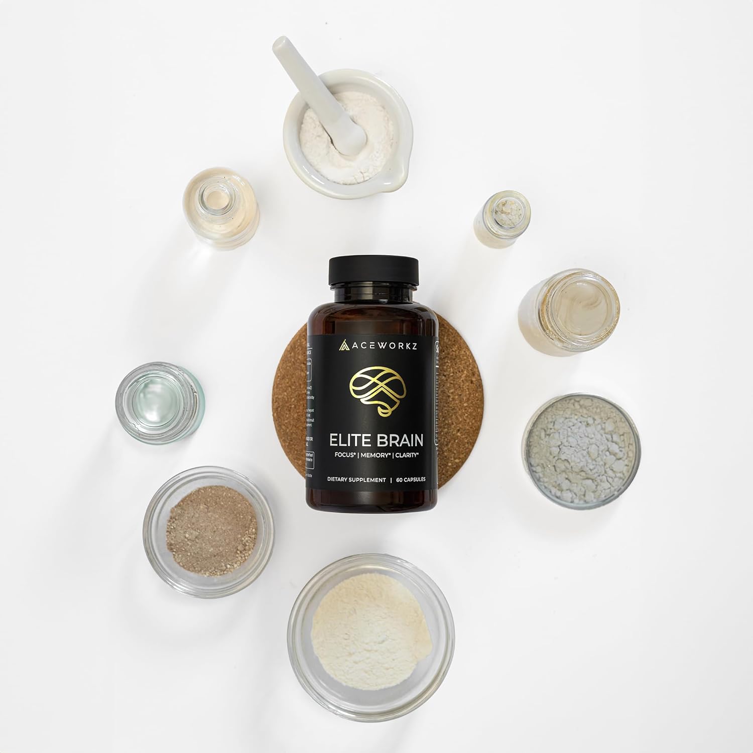 ACEWORKZ Elite Brain - Natural Nootropic Supplement for Focus, Memory, & Clarity - ALCAR, Lions Mane, ALA, L-Theanine, Vitamin B Complex - Caffeine-Free Energy Booster (60 Capsules)