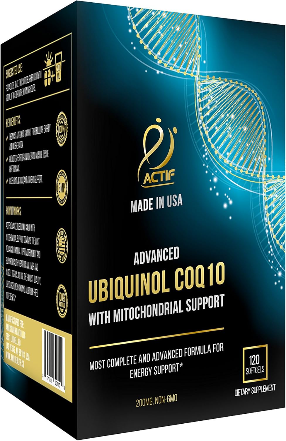 ACTIF Super Ubiquinol CoQ10 200mg - 120 Count - Enhanced Mitochondrial Support - Non-GMO - Made in USA