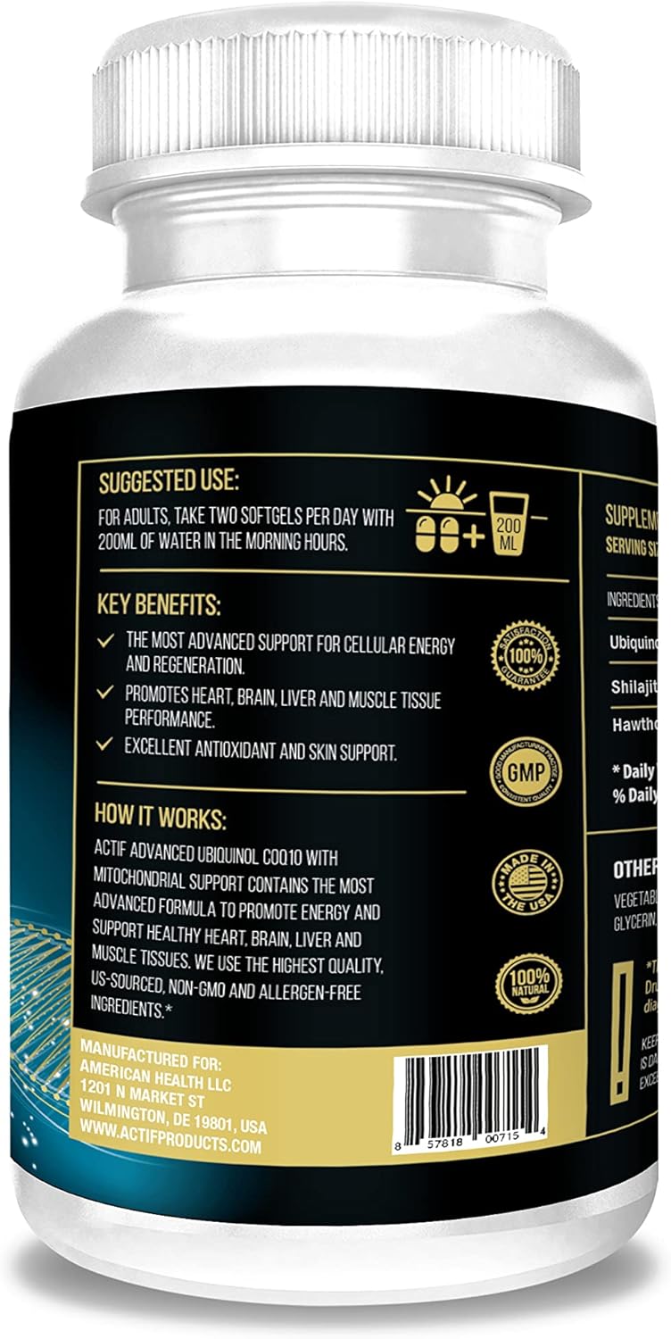 ACTIF Super Ubiquinol CoQ10 200mg - 120 Count - Enhanced Mitochondrial Support - Non-GMO - Made in USA