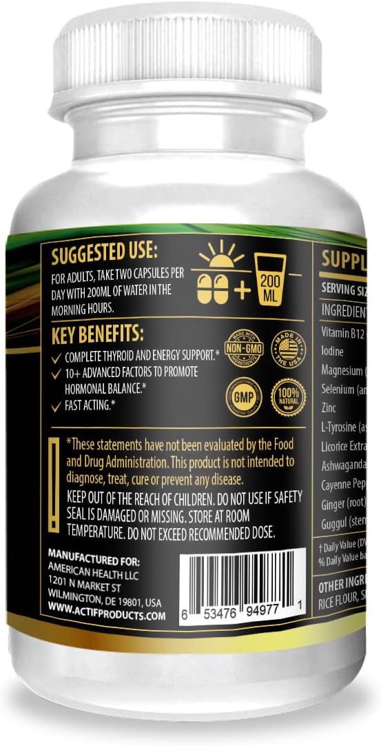 ACTIF Thyroid Mega Support - Maximum Strength Formula with 10+ Thyroid Factors - Promotes Energy, Metabolism, Adrenal Health & Stress Response - Non-GMO, 30 Day Supply, USA Made