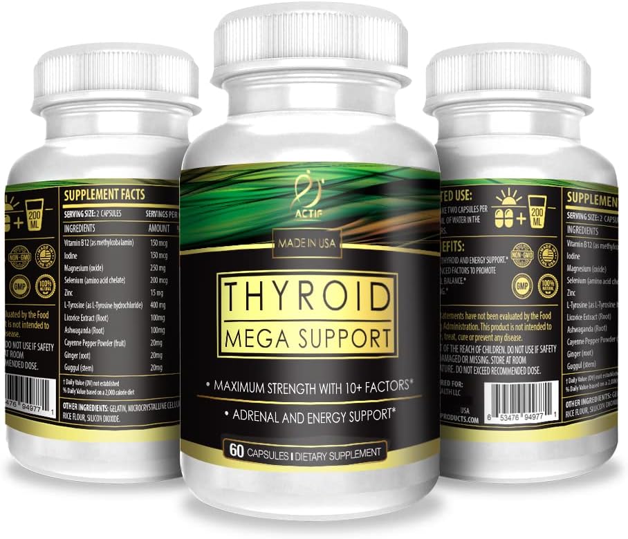 ACTIF Thyroid Mega Support - Maximum Strength Formula with 10+ Thyroid Factors - Promotes Energy, Metabolism, Adrenal Health & Stress Response - Non-GMO, 30 Day Supply, USA Made