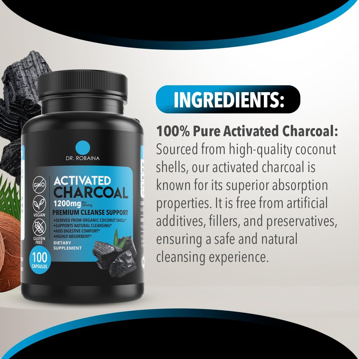 Activated Charcoal Capsules - 1200 mg Detox and Digestive Support - 100 Capsules - Made in USA by Dr. Robaina