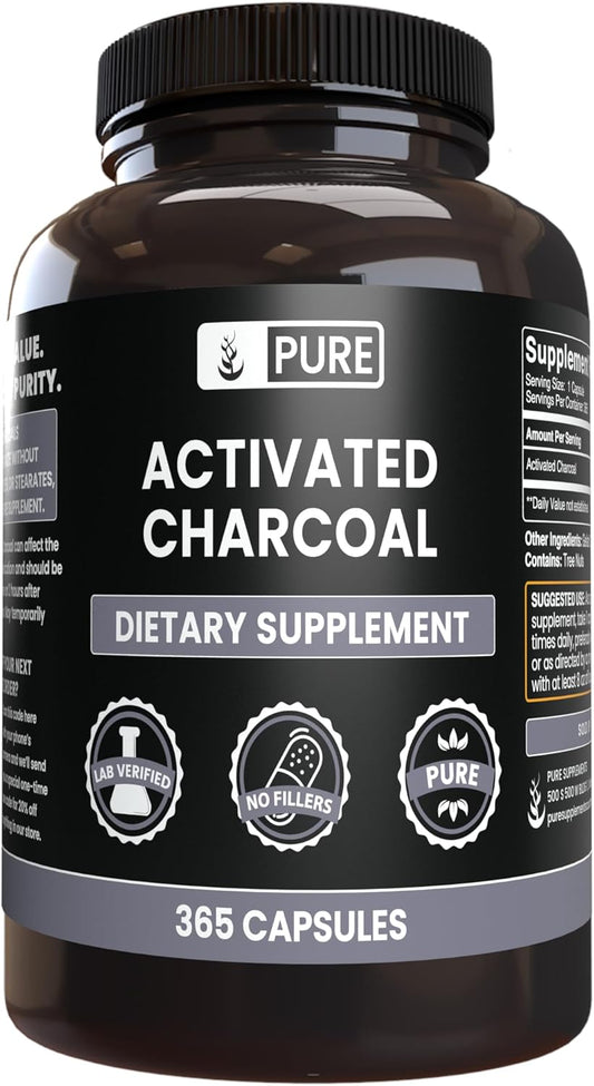 Activated Charcoal Capsules - Pure Ingredients, No Fillers, Lab Verified (365 Count)