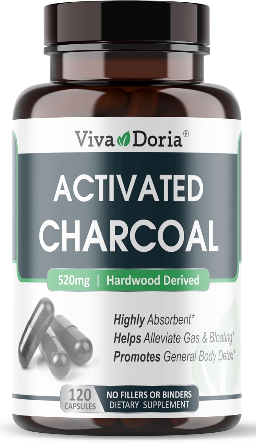 Activated Charcoal Capsules 520 mg - 120 Veggie Capsules for Gas & Bloating Relief - Natural Detox Support