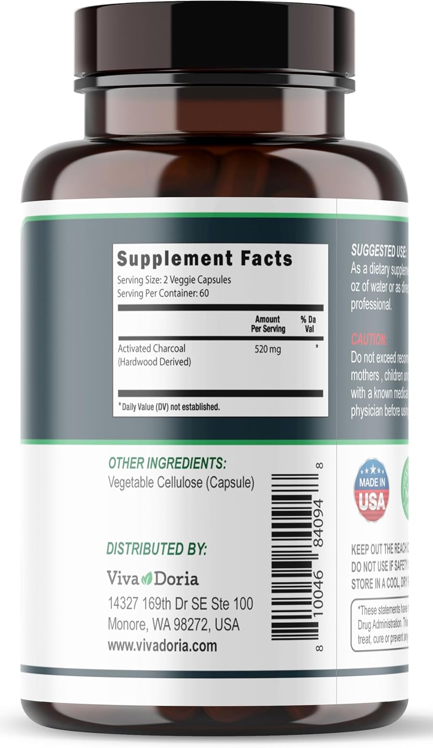 Activated Charcoal Capsules 520 mg - 120 Veggie Capsules for Gas & Bloating Relief - Natural Detox Support