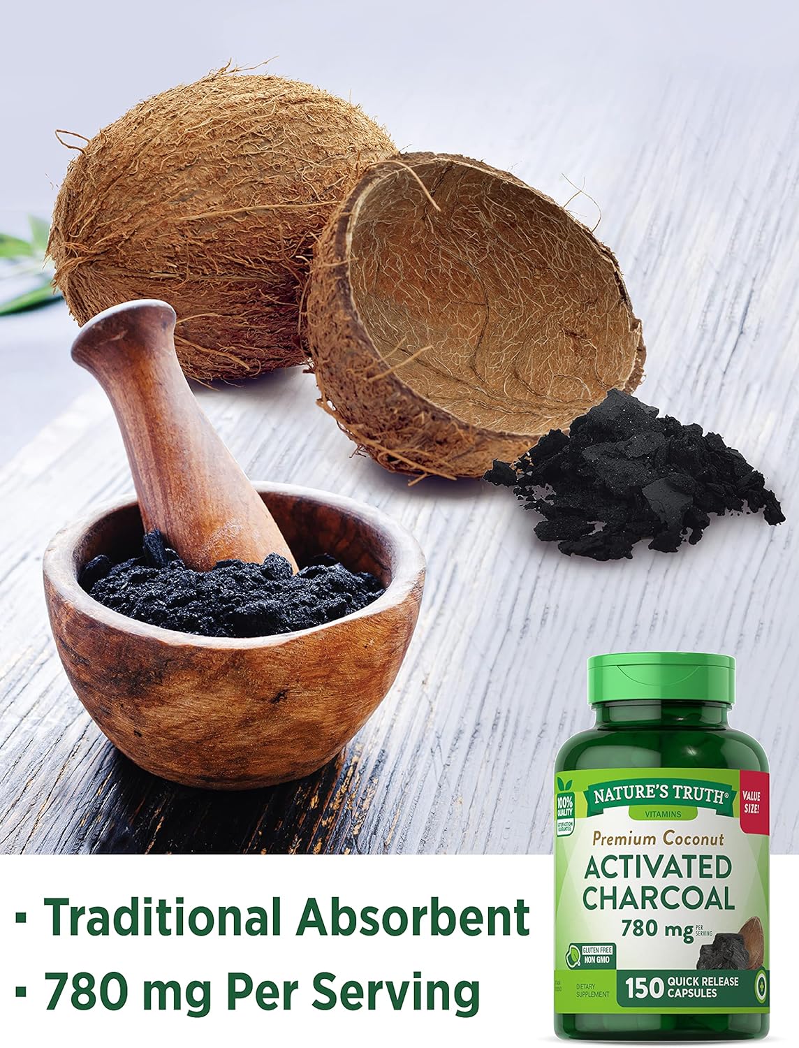 Activated Charcoal Capsules 780 mg | 150 Count | Non-GMO & Gluten Free | Value Size Supplement by Nature's Truth