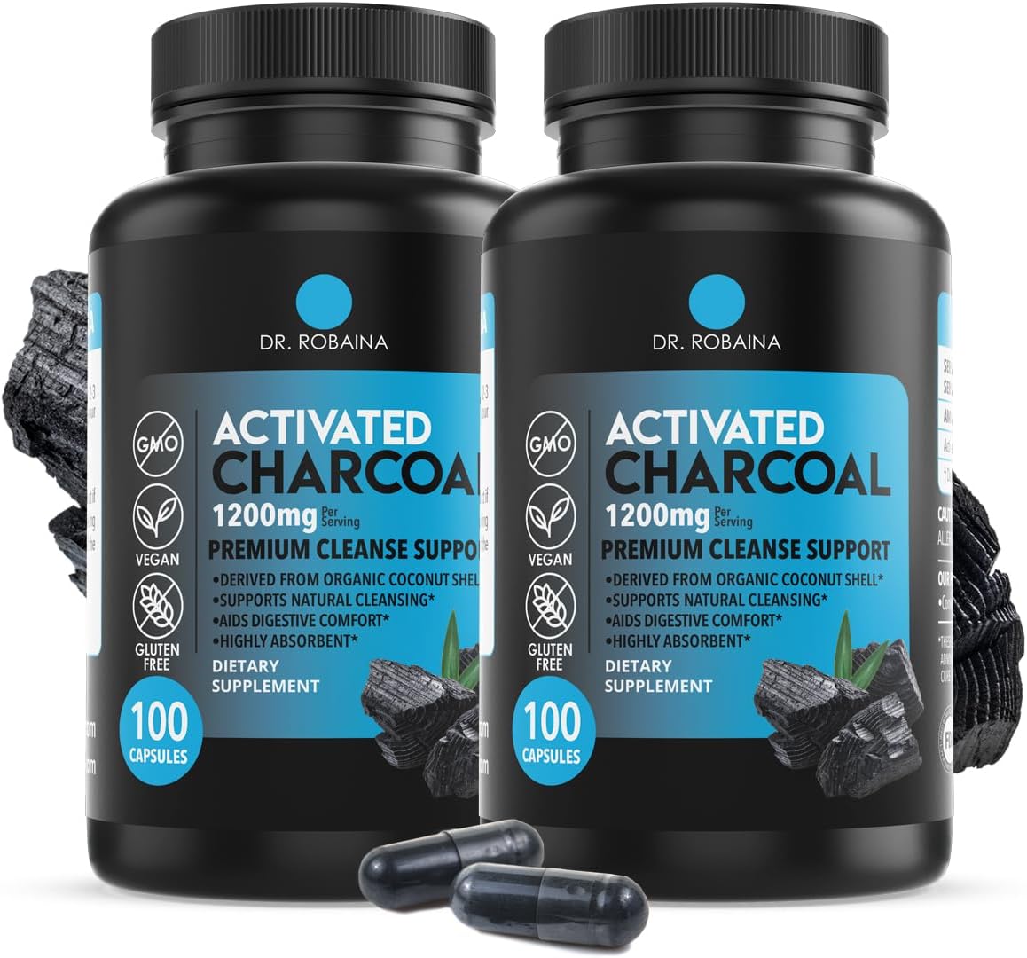 Activated Charcoal Capsules for Natural Detox and Digestive Support - 1200 mg - 200 Capsules (2 Bottles) by Dr. Robaina, Made in USA