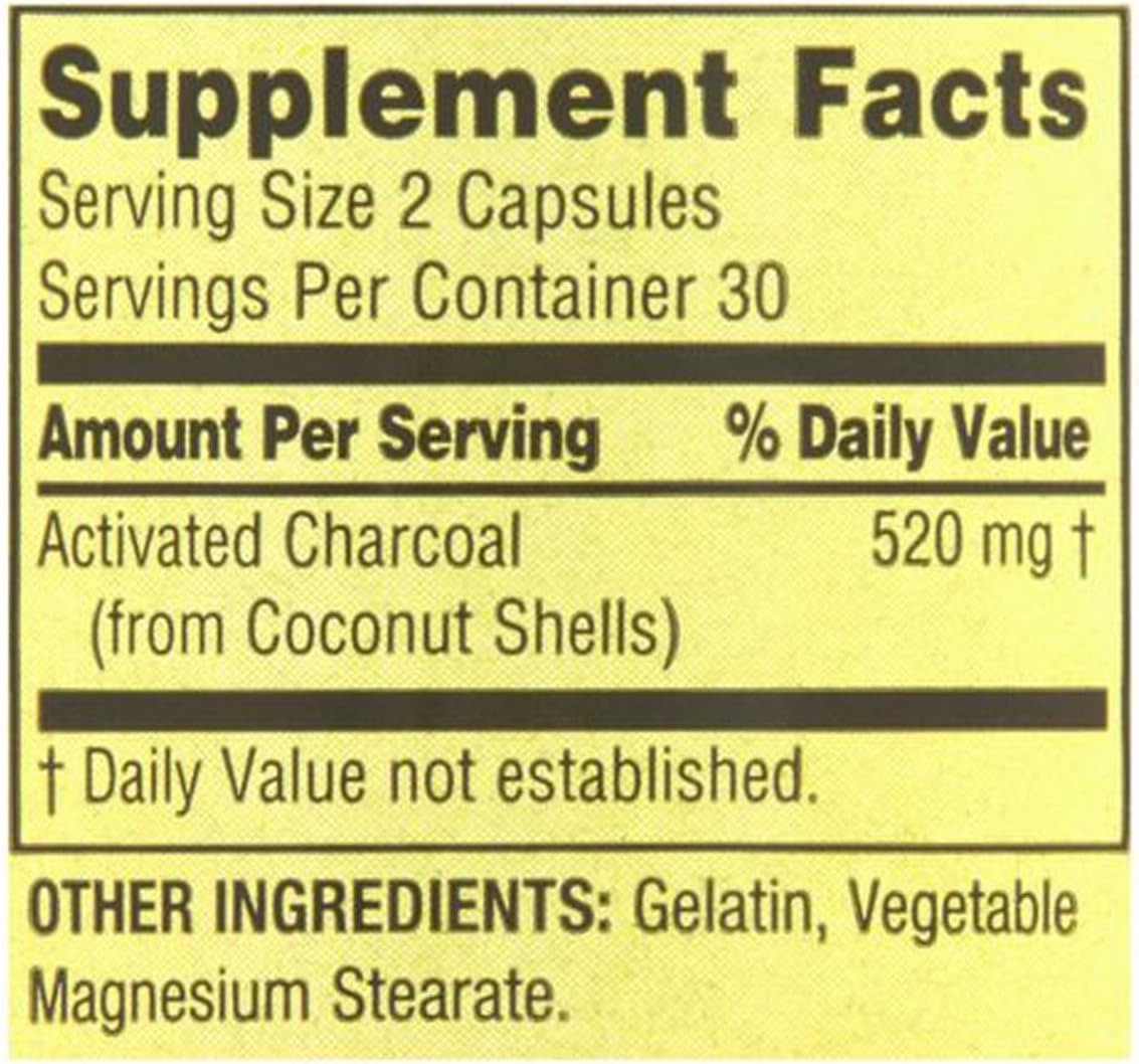Activated Charcoal Dietary Supplement - 520 mg Capsules, 60 Count - Top Care Brand
