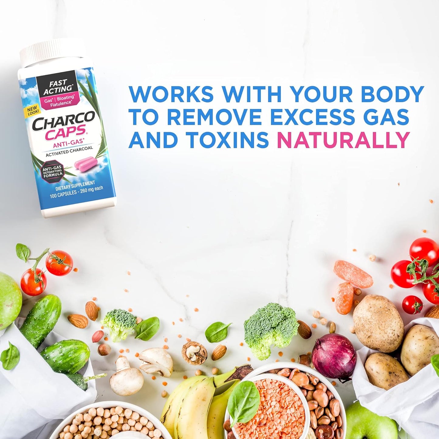 Activated Charcoal Gas Relief Capsules for Bloating & Flatulence - Fast Acting Detox Formula, 100 Capsules