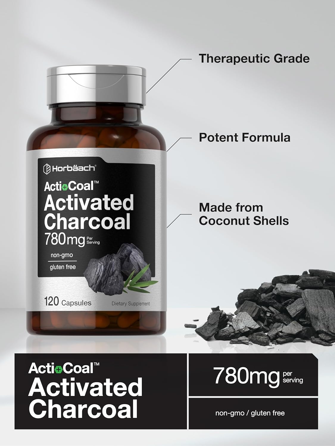 Activated Charcoal Pills 780mg - 120 Capsules - Non-GMO & Gluten Free - Coconut Shell Charcoal Supplement