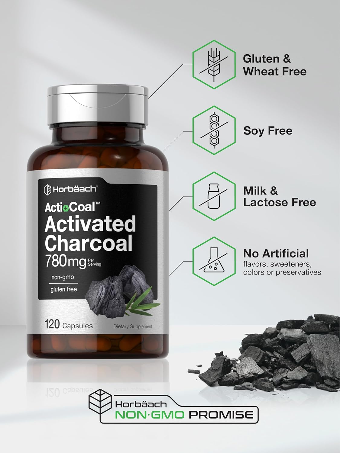 Activated Charcoal Pills 780mg - 120 Capsules - Non-GMO & Gluten Free - Coconut Shell Charcoal Supplement