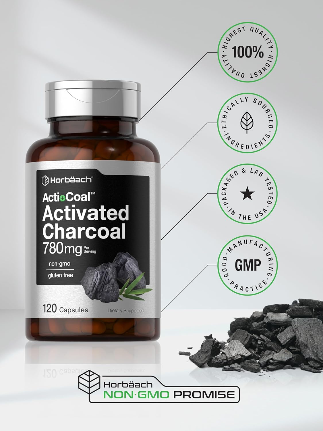 Activated Charcoal Pills 780mg - 120 Capsules - Non-GMO & Gluten Free - Coconut Shell Charcoal Supplement