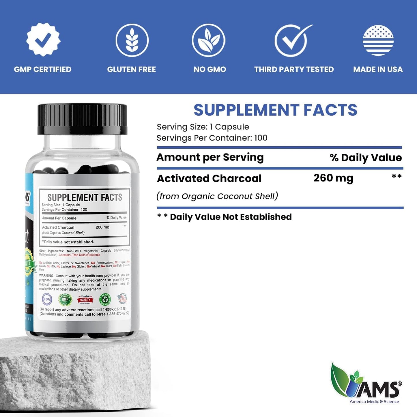 Activated Charcoal Supplement with Coconut Husk for Stomach Health - 200 Capsules