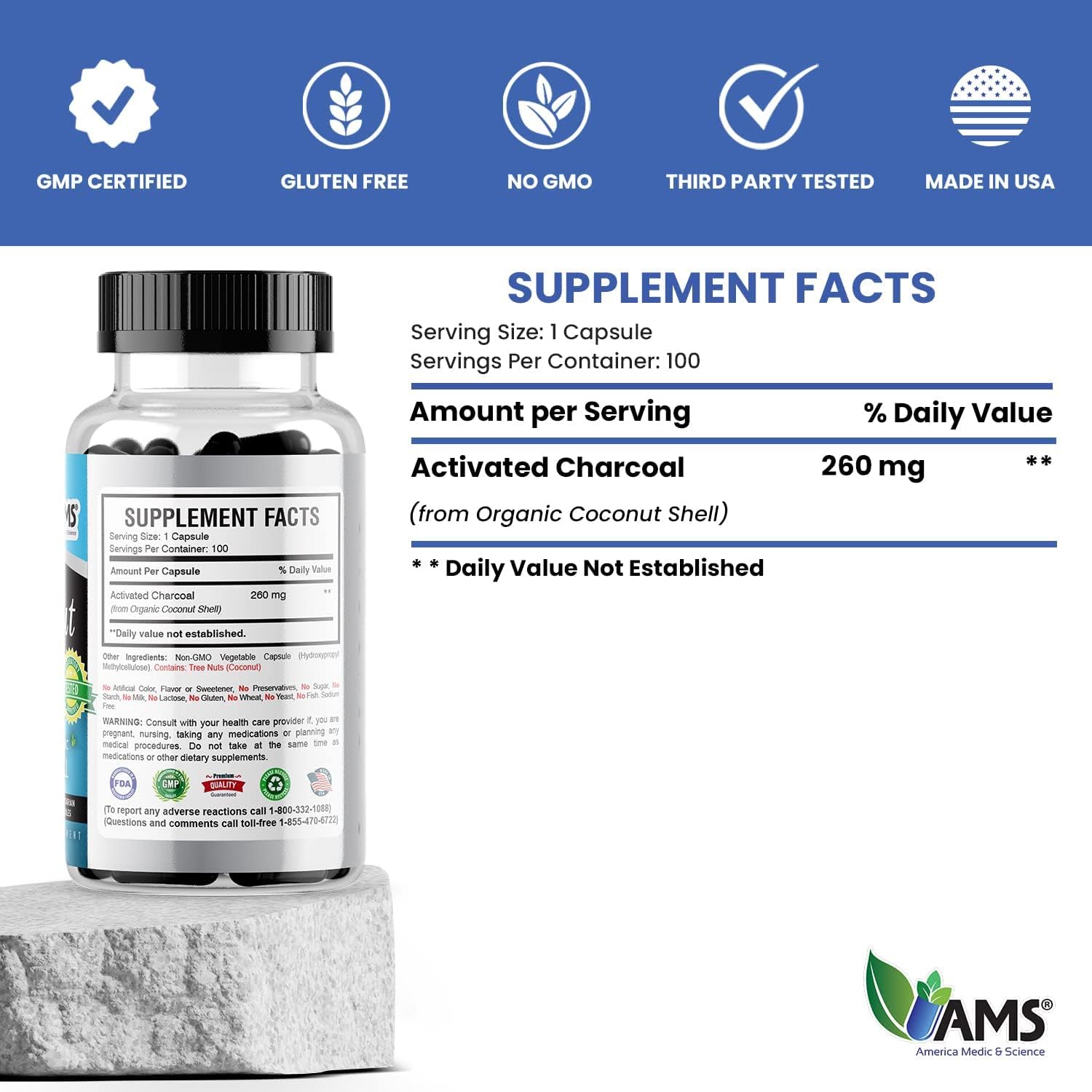 Activated Charcoal Supplement with Coconut Husk for Stomach Health - 200 Capsules