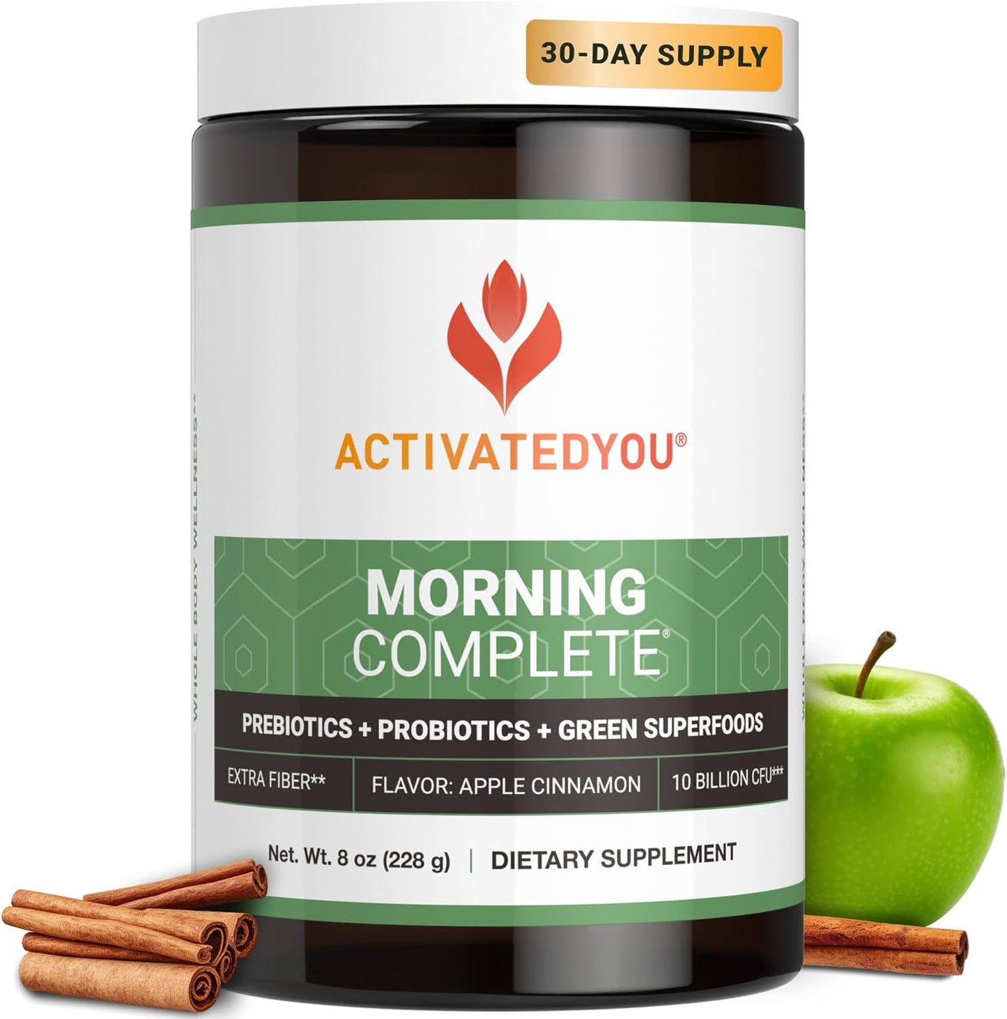 ACTIVATEDYOU Morning Complete Green Superfood Drink Mix for Gut Health with Prebiotics, Probiotics, Antioxidants, 10 Billion CFUs, 30 Servings - Apple Cinnamon Flavor
