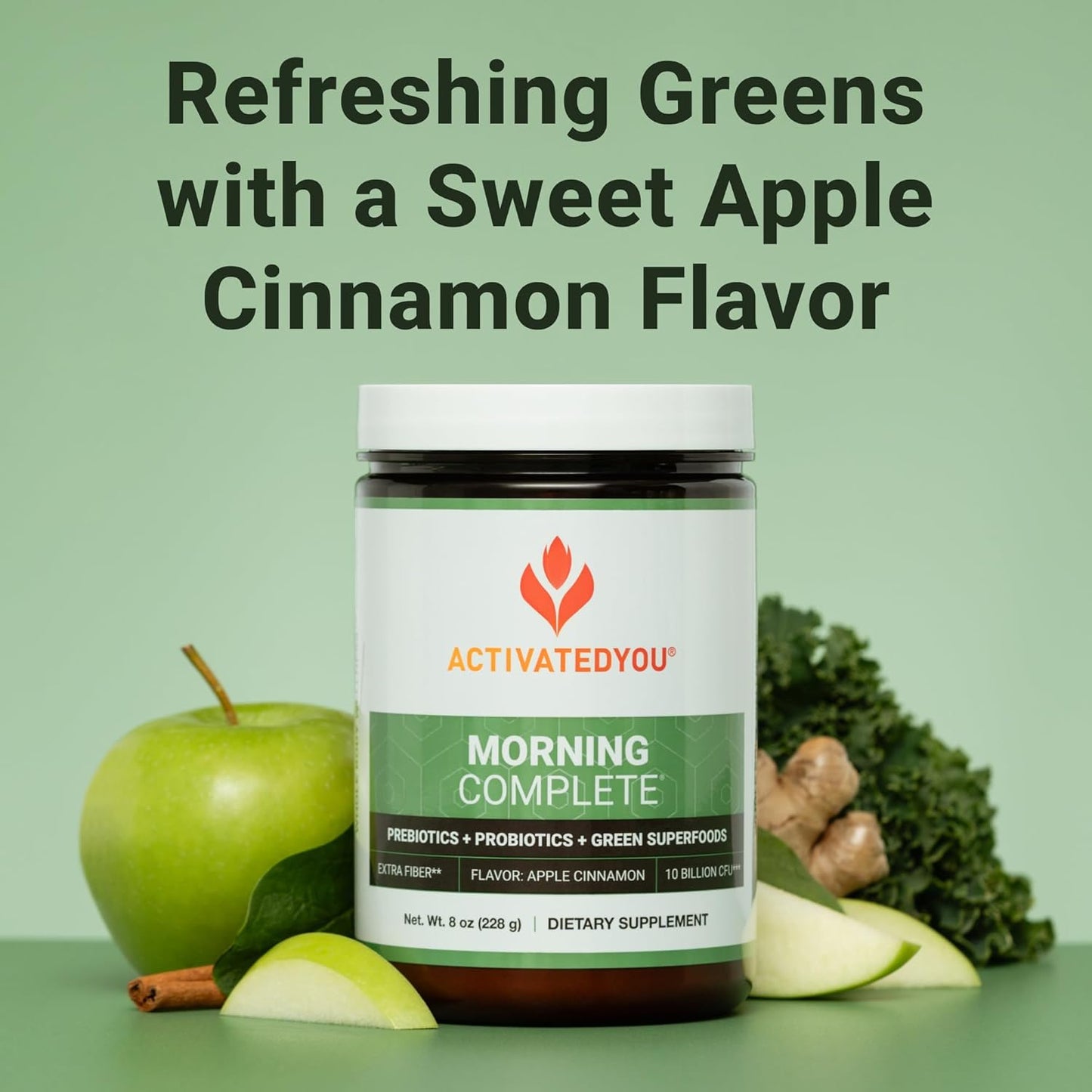 ACTIVATEDYOU Morning Complete Green Superfood Drink Mix for Gut Health with Prebiotics, Probiotics, Antioxidants, 10 Billion CFUs, 30 Servings - Apple Cinnamon Flavor